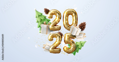 Festive 3D New Year 2025 celebration featuring golden balloons in the shape of numbers, gift boxes, Christmas trees, and pinecones. Perfect for holiday designs, greeting cards. Vector illustration