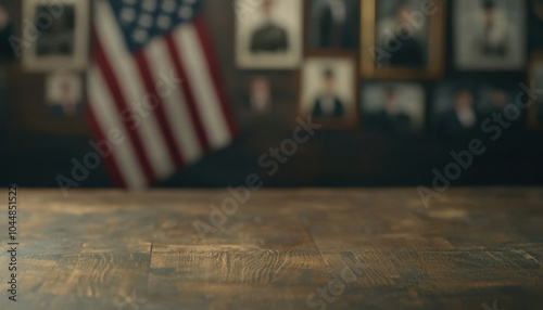 American flag folded in traditional triangle shape, resting on a wooden table with military photos in the background, Veterans Day, Flag, Remembrance