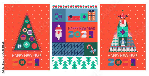 A festive New Year 2025 greeting card featuring a modern abstract Christmas tree and decorative patterns. Vibrant colors and playful elements capture the holiday spirit. Vector illustration