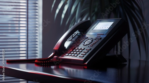 A detailed render of an office phone with a digital display