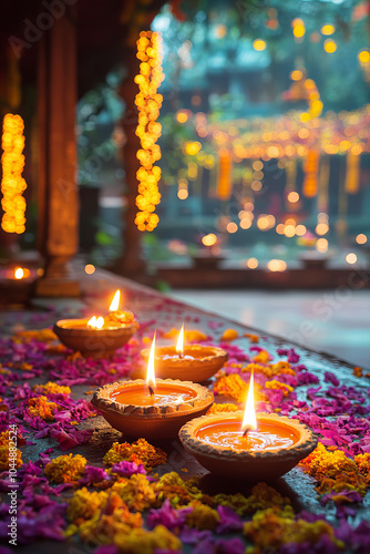 Glowing oil lamps and flower petals create a tranquil diwali ambiance at dusk