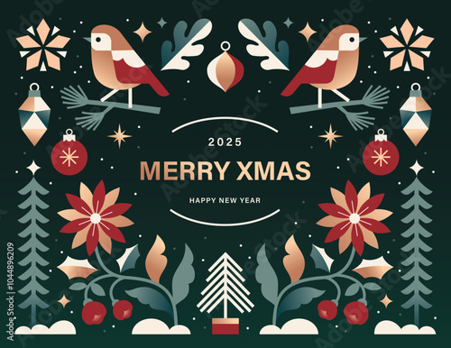 Merry Christmas and Happy New Year background, banner, poster design with trendy geometric style illustration.