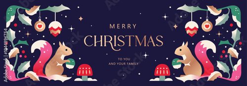 Merry Christmas and Happy New Year background, banner, poster design with trendy geometric style illustration.