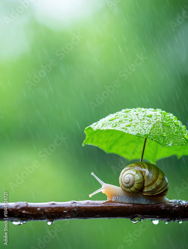 escargot avec un parapluie sur une branche sous la pluie