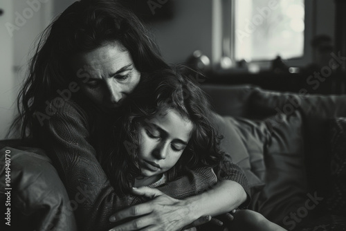 Mother hugging her little daughter. Mother and daughter sitting on the sofa in a living room.