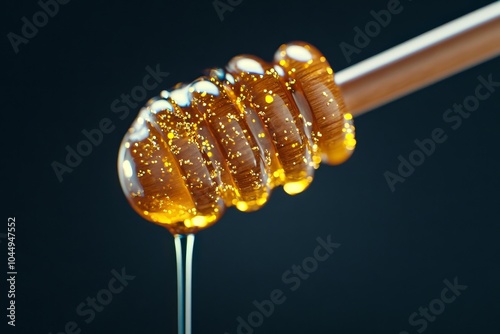 Golden honey drips slowly from a wooden dipper against a dark background highlighting its texture and rich color