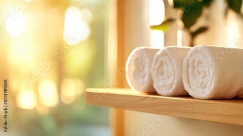 A trio of white towels neatly rolled and lined up on a wooden shelf, gently kissed by sunlight streaming in, symbolizing freshness and a new beginning.