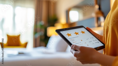 A woman in casual attire holds a tablet displaying a three-star hotel service rating, suggesting an average customer satisfaction experience in modern hospitality.