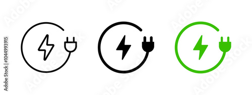 Car charging point icon. Electric plug symbol. Electricity sign. Green energy vector illustration. Wire with plug and lightning bolt pictogram. Phone charge technology concept.