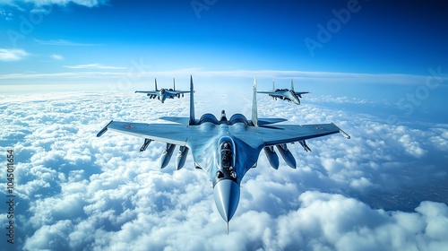 Three fighter jets fly in formation above the clouds.