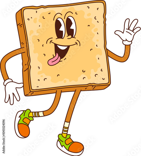 Cartoon retro groovy toast character. Isolated vector quirky slice of bread waving hand with a beaming smile and sticking tongue. Happy breakfast food personage in stylish shoes, oozing hippie vibes