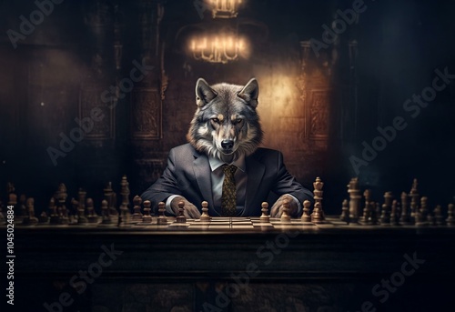 A wolf in a suit sits at a chessboard, his gaze focused on the game, a hint of cunning in his eyes.