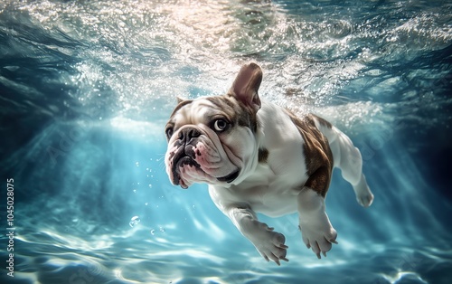 Adorable chien de race bouledogue français, nageant sous l'eau dans la mer, lumière du soleil traversant la surface.