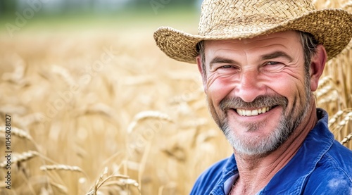 Un paysan d'âge moyen aux cheveux courts et à la barbe, vêtu d'une chemise bleue et d'un chapeau de paille, souriant à la caméra devant un champ de blé, image avec espace pour texte.