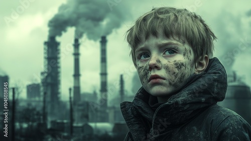 Young boy feeling hopeless in a materialist world overshadowed by industrial pollution and the looming threats of climate change, rising seas, and environmental degradation