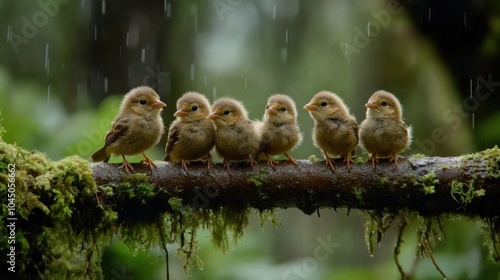 Fünf Vogelbabys auf einem Ast im Regen – die Frühlingssymphonie der Natur für die Tierfotografie