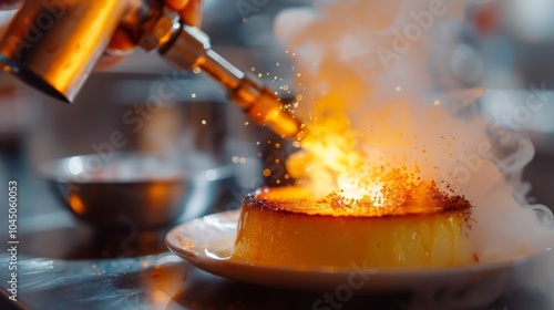 A worker using a blowtorch to caramelize the top of a crÃ¨me brÃ»lÃ©e dessert.