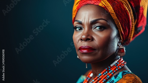 A regal African woman with an intense gaze wearing vibrant traditional attire and jewelry, embodying cultural pride and strength in a striking portrait.