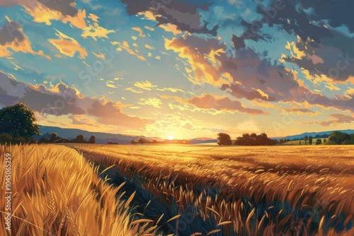 Golden wheat field at sunset with a dramatic sky. Abstract artwork of golden rive field or wheat field landscape or farm in harvest season at sunset. Landscape photo. Farming and harvesting. AIG51.