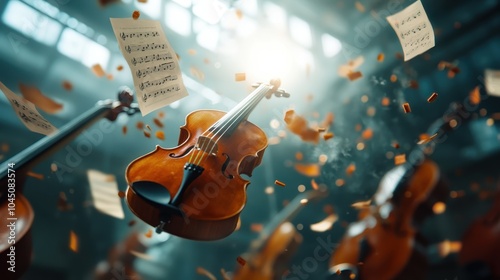 Violins float gracefully among scattered musical sheets, illuminated by ethereal light, showcasing a dreamy atmosphere of music and creativity in dynamic motion.