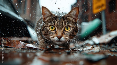 A cautious tabby cat crouches in the rain-slicked urban environment, emphasizing its readiness and alertness, a symbol of resilience in challenging conditions.