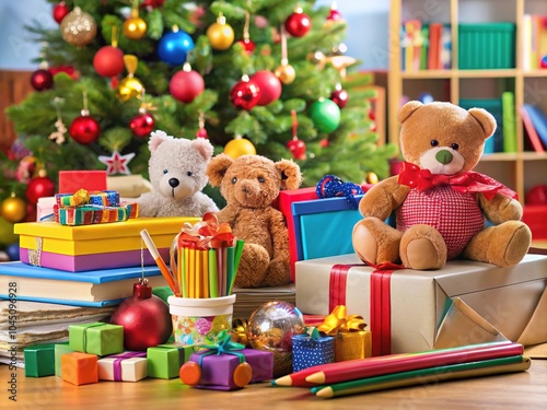 Affordable Christmas gifts for underprivileged children displayed near a decorated tree, with colorful presents and toys