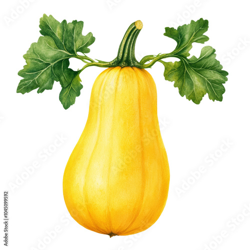 Bright yellow squash with green leaves on a transparent background.