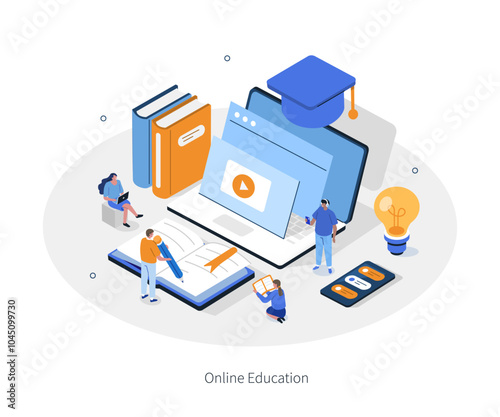 Online education concept. Business training, distance learning, back to school banner template. Internet course, podcast, webinar, video tutorial infographic. Flat isometric vector illustration. 