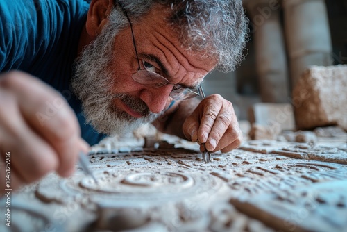 An experienced craftsman focuses on intricate stone carving, reflecting precision, patience, and dedication to preserving ancient artistic expressions and creativity.