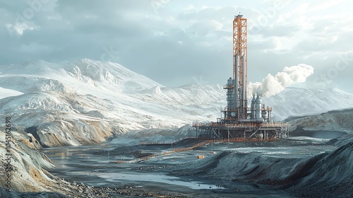 42 Geothermal plant with deep drilling rigs, volcanic setting, 3D illustration