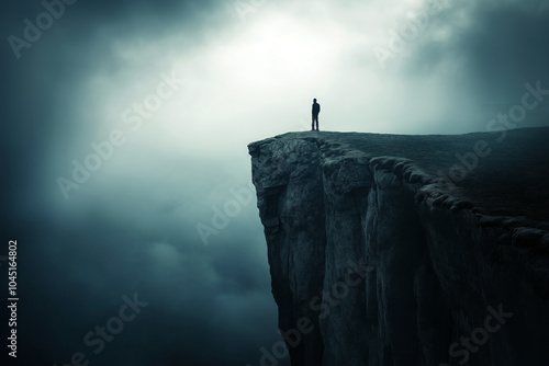 A person standing at the edge of a cliff, looking into a void, symbolizing the feeling of impending doom often associated with panic attacks.