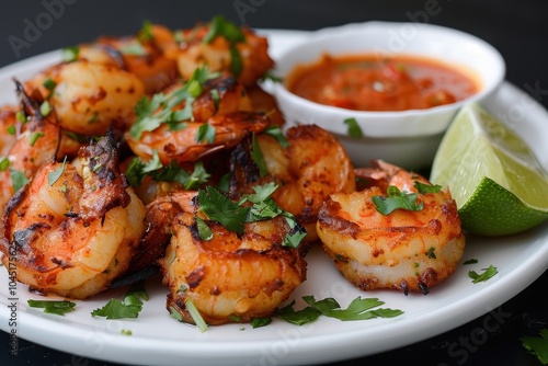 A plate of acaraj, black-eyed pea fritters stuffed with shrimp and vatape, served with a side of hot pepper sauce and fresh lime wedges.