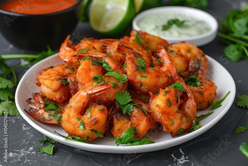 A plate of acaraj, black-eyed pea fritters stuffed with shrimp and vatape, served with a side of hot pepper sauce and fresh lime wedges.