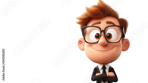 Cartoon manager character with a comical expression assessing performance on a clean white background