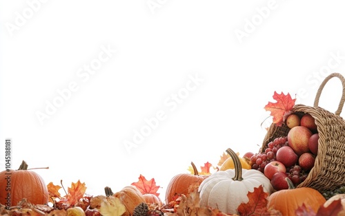 Thanksgiving: A harvest scene with pumpkins, autumn leaves, and a cornucopia of fruits and vegetables. 