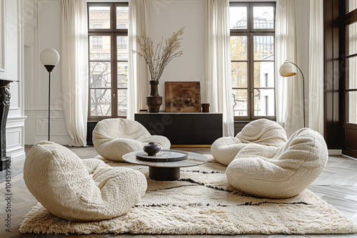 Minimalist home interior design of modern living room. Luxurious room with soft round armchairs, shaggy rug, neutral tones, and large windows in a serene, modern space.