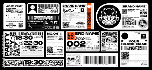 Brutalism label design pack. Futuristic assets for streetwear, event tickets and apparel branding. Retro Y2K and glitch aesthetics graphic elements. Vector set