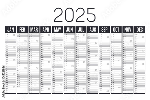 Year 2025 black and white horizontal wall calendar, English language, vector template