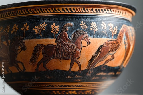 Ancient greek vase depicting warriors riding horses in red figure style