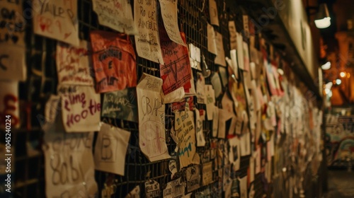 A closeup of handdrawn signs and posters made by devoted fans hanging on the walls of the arena.