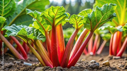 Fresh growth of rhubarb emerging among existing stalks