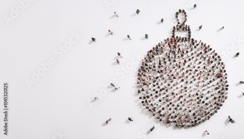 Human crowd forming a bauble symbol on white background. Horizontal composition with copy space