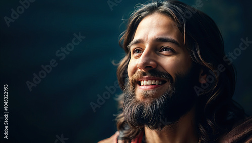 Jesus Christ smiling with blue light around joyful expression divine happiness spiritual peace sacred joy Christianity copy space