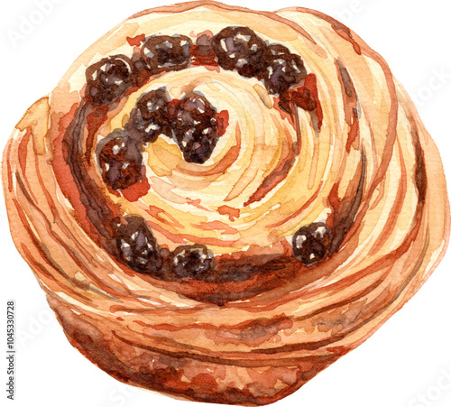 Pain aux raisins French bakery pastry dessert. Hand drawn watercolor illustration isolated on a white background.