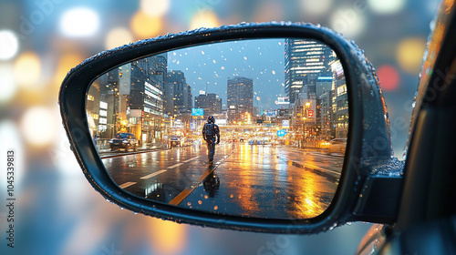  Reflection of spaceman in wing mirror of a car at night