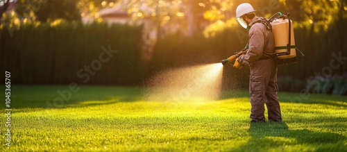 A man in protective gear sprays pesticide on a green lawn on a sunny day.