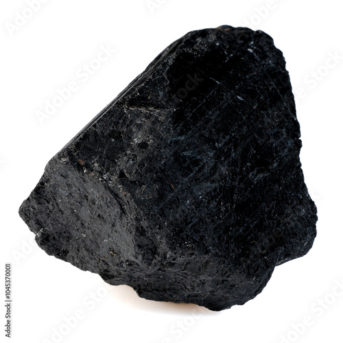 Natural Black Tourmaline Mineral Sample on White Background