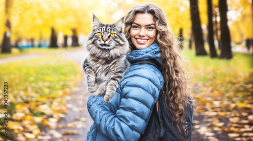 Blond woman walking her huge Norwegian forest cat named Donald in the park on a colorful Scandinavian autumn day