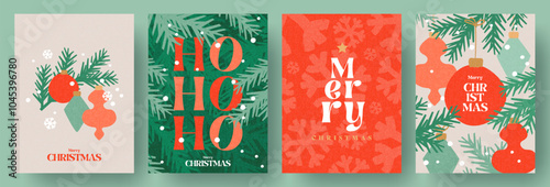 Merry Christmas and Happy New Year greeting card Set. Modern beautiful Xmas design with typography, Christmas tree branches, balls, snowflake pattern. Minimal art banner, poster, cover templates