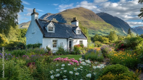 A charming white cottage with a lush garden sits at the foot of a mountain range.